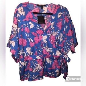 Marc New York Women's Blue Floral Wrap Side Tie Blouse  XL NWT